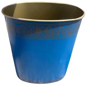 🗑️ Vintage Weibro Blue & Gold Floral Metal Wastebasket Midcentury Decor